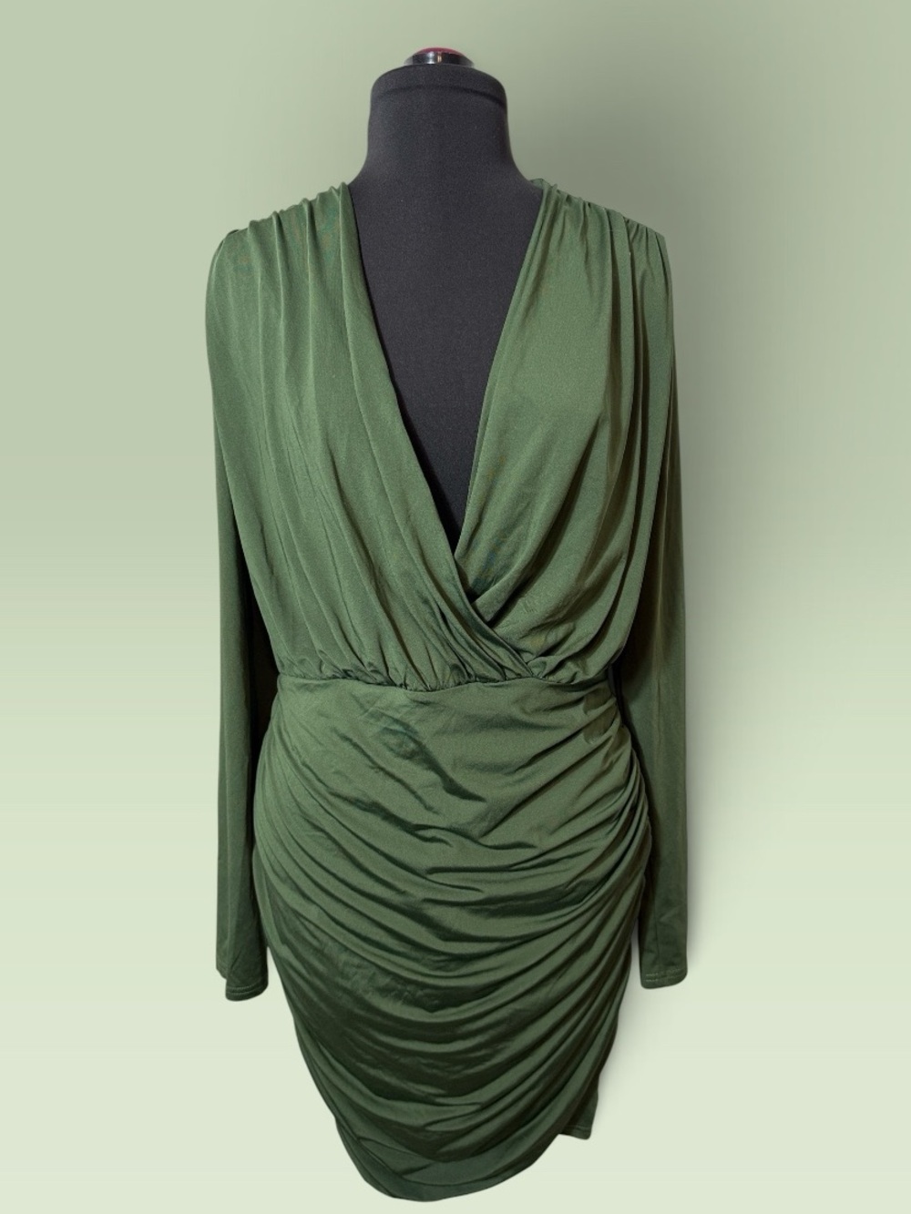 Grace Karin Olive Green Long Sleeve Ruched Wrap Dress